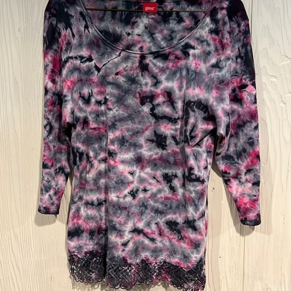 GLIMA  made in USA TOP WITH CROCHET EDGES AT BOTTOM 3/4 sleeves - Picture 1 of 12